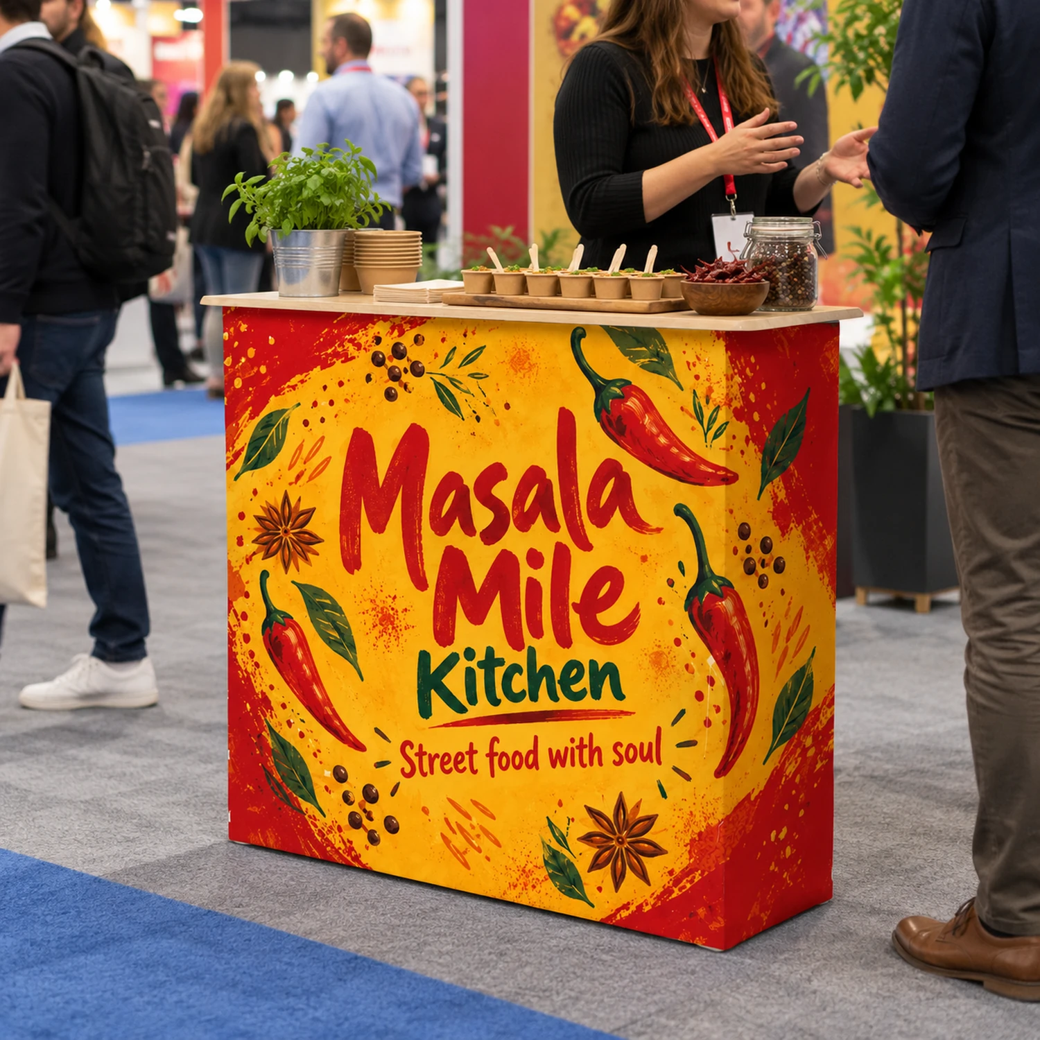 Hop-up fabric pop up counter with a printed wrap and food samples on top at an event
