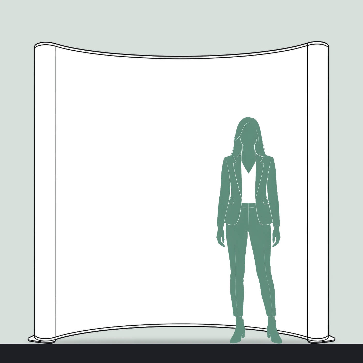 Hop-up Fabric Pop Up Stand 3x3 Curved, 2.3m Wide size compared with a person