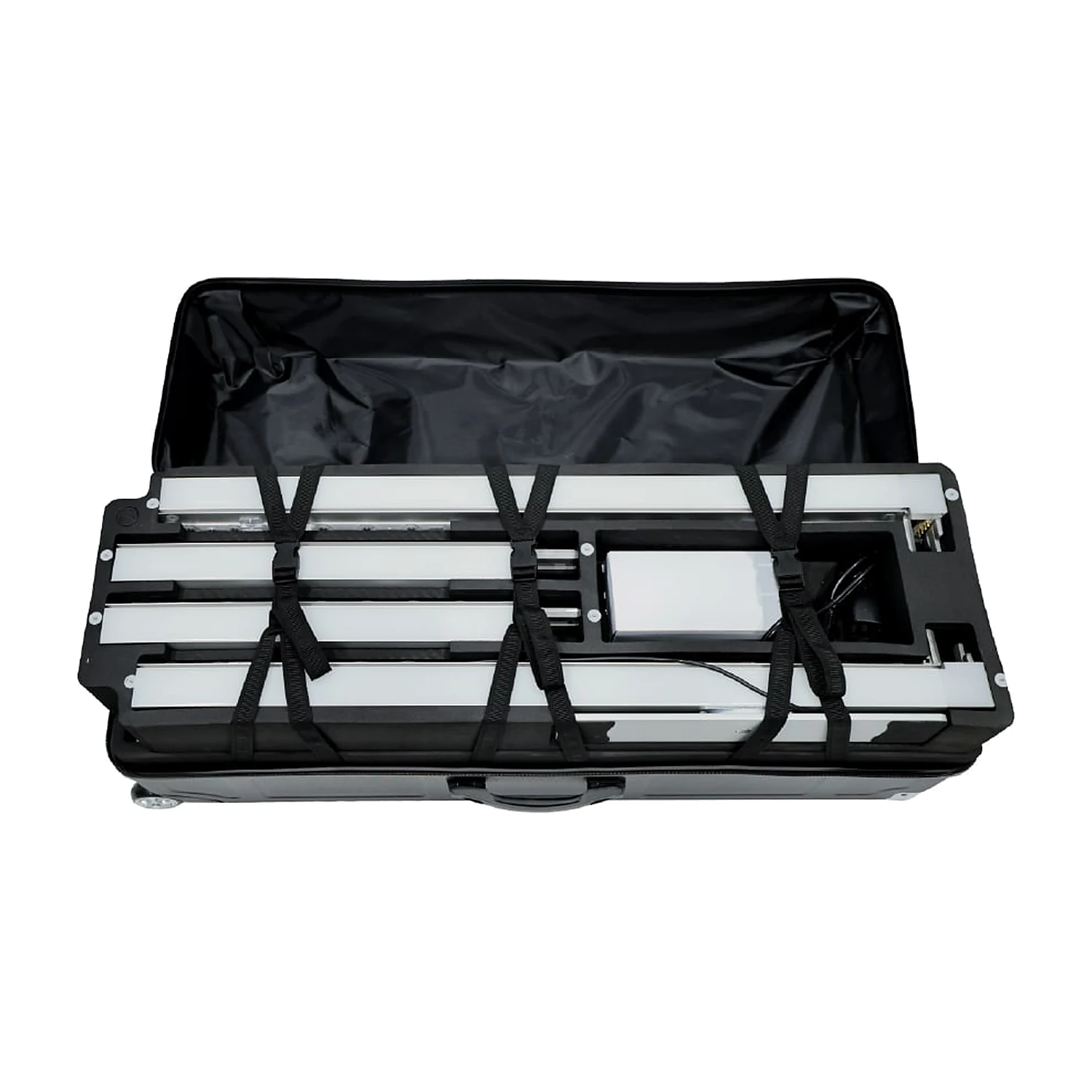Transport case opened showing the packed frame profiles and power unit