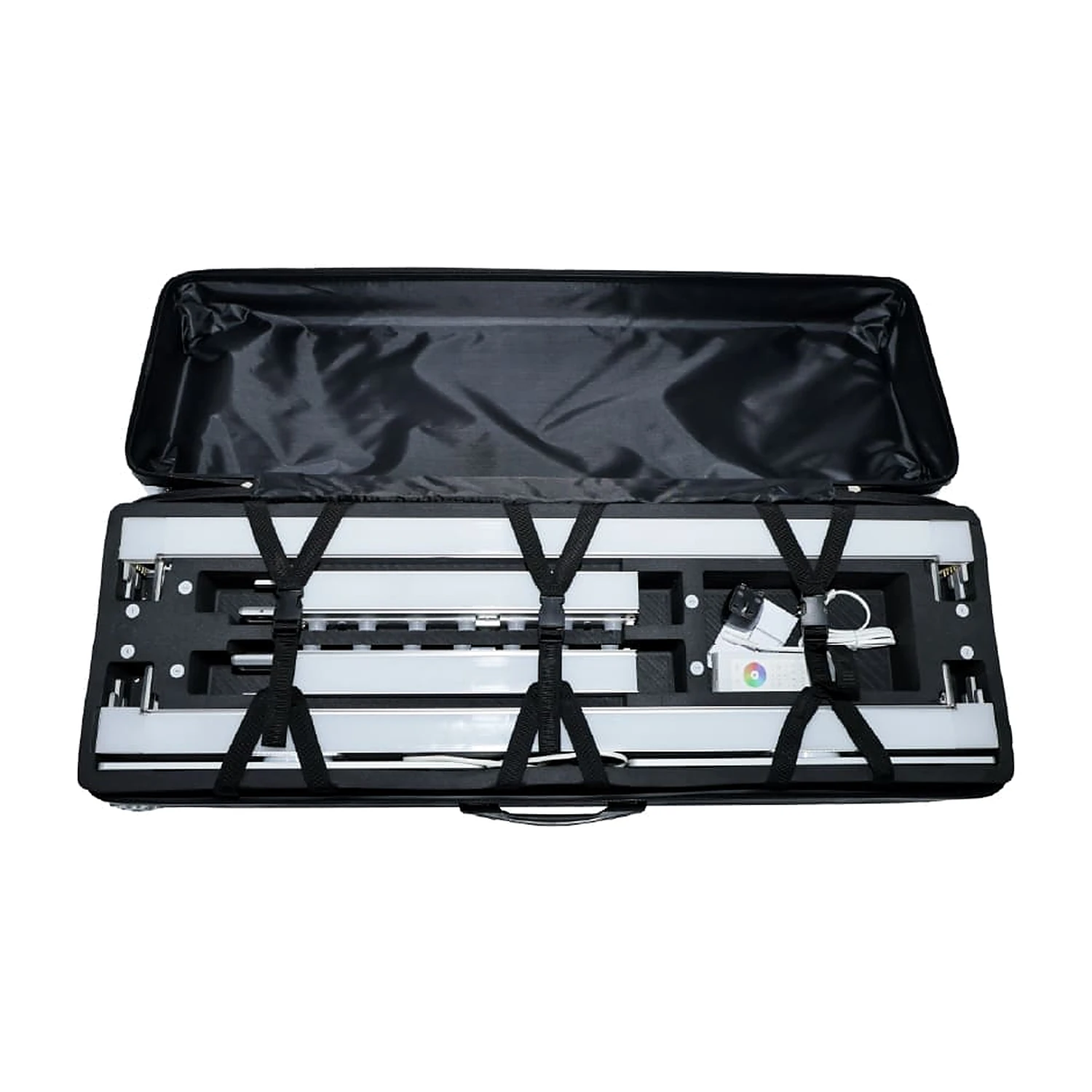 Transport case opened showing the packed frame profiles and power unit