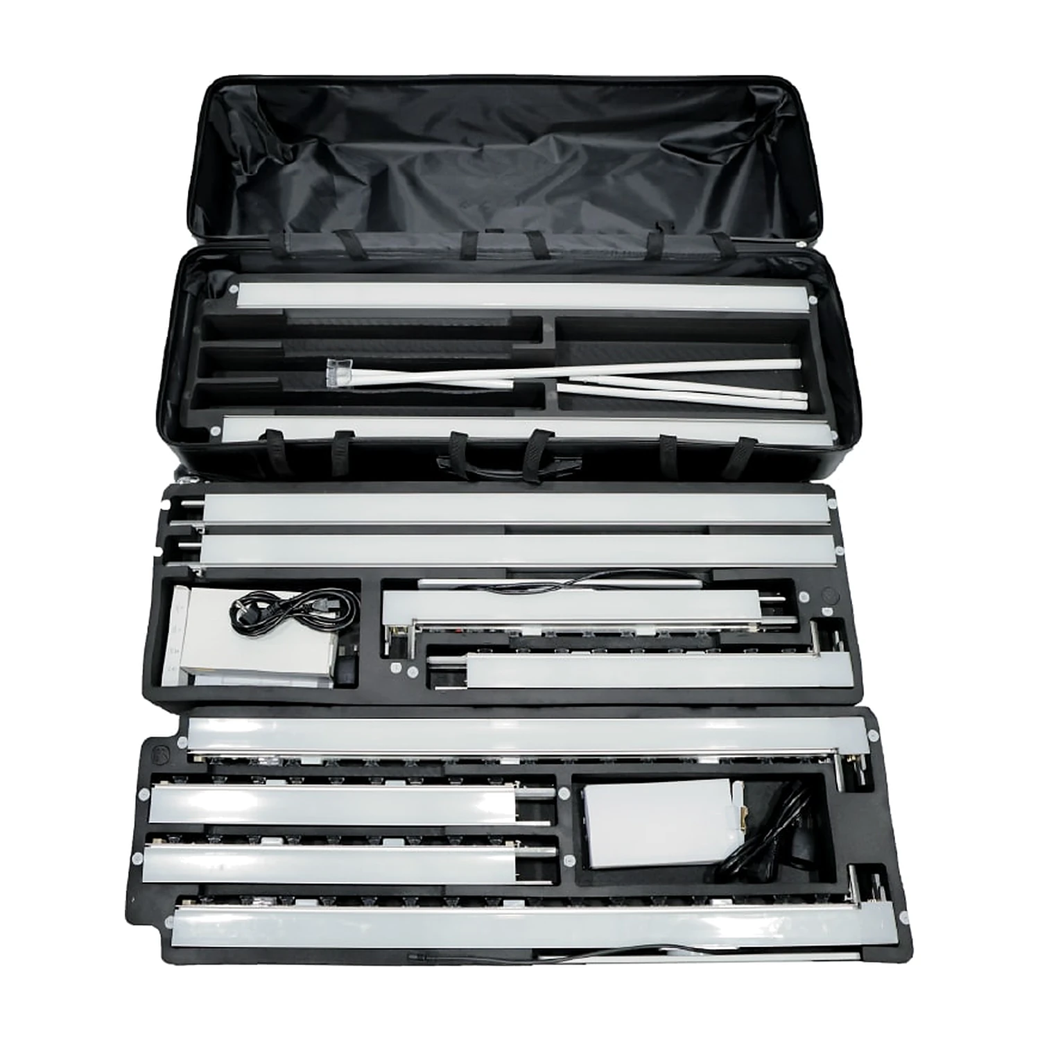 Two-level transport case with frame parts, cables and power supply