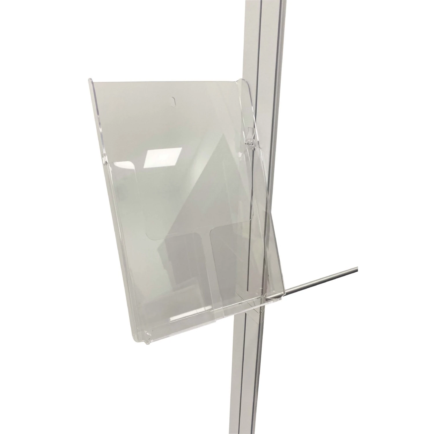 Clear acrylic A4 literature holder mounted on a lightbox frame upright