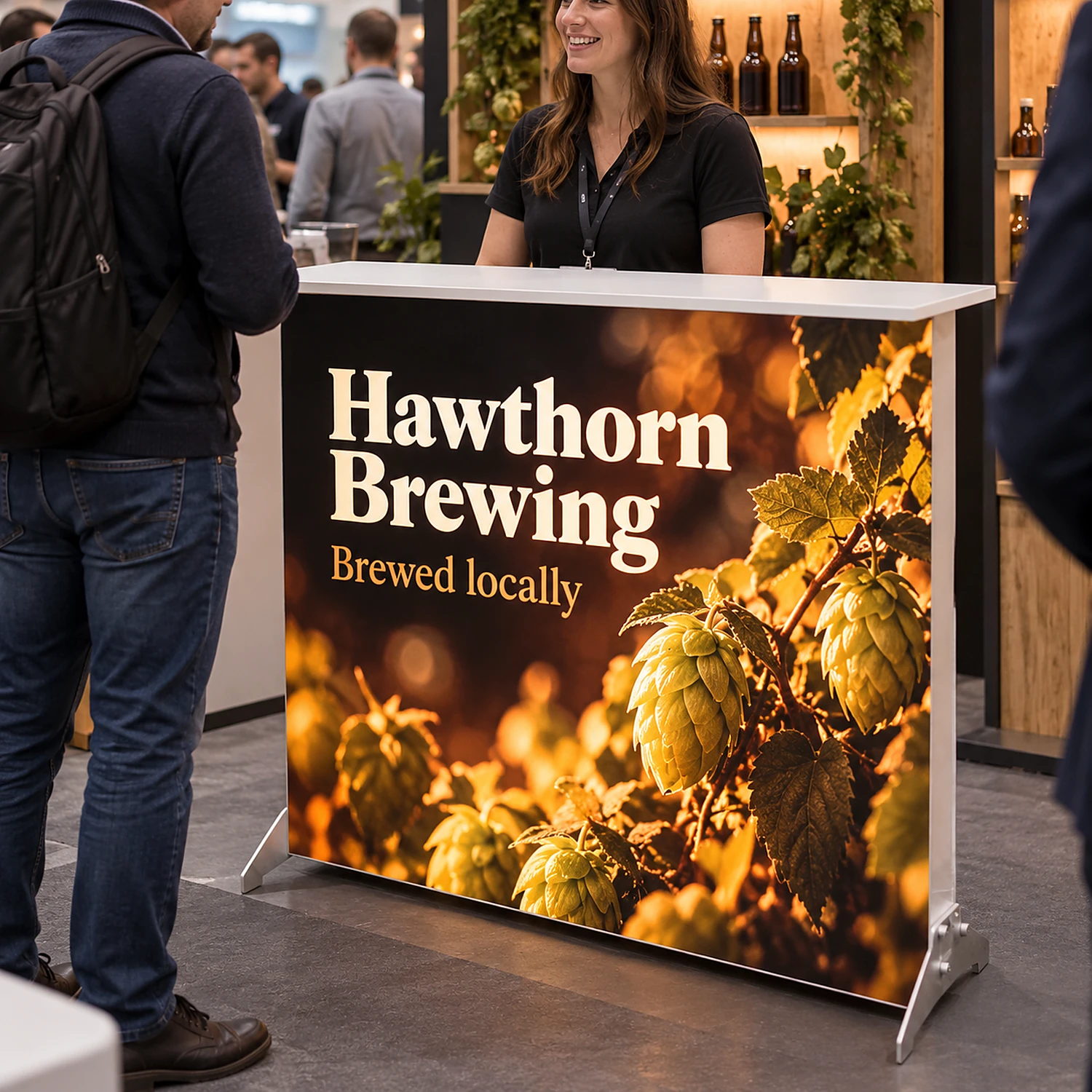 Illuminated lightbox counter in use at a trade show