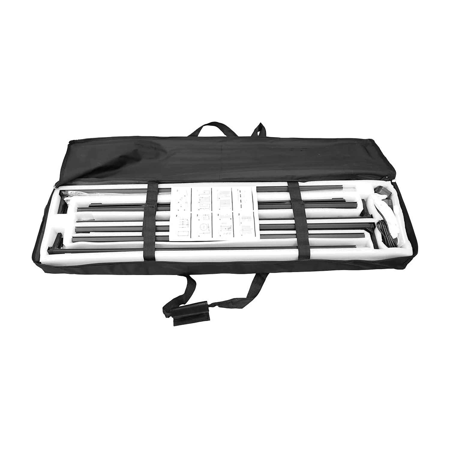 Wheeled carry bag opened with the black frame profiles in foam inserts