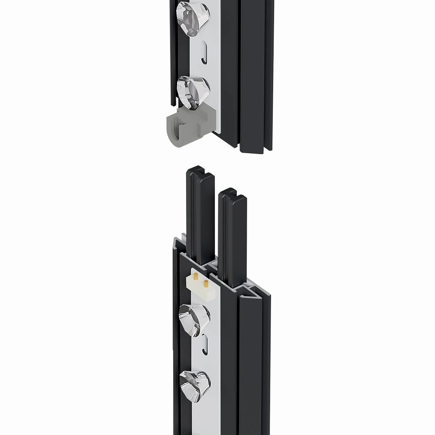 Black frame profile joint with connector and locking clip