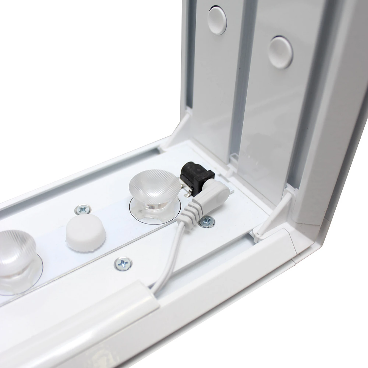 LED pods and power connector inside the lightbox frame corner