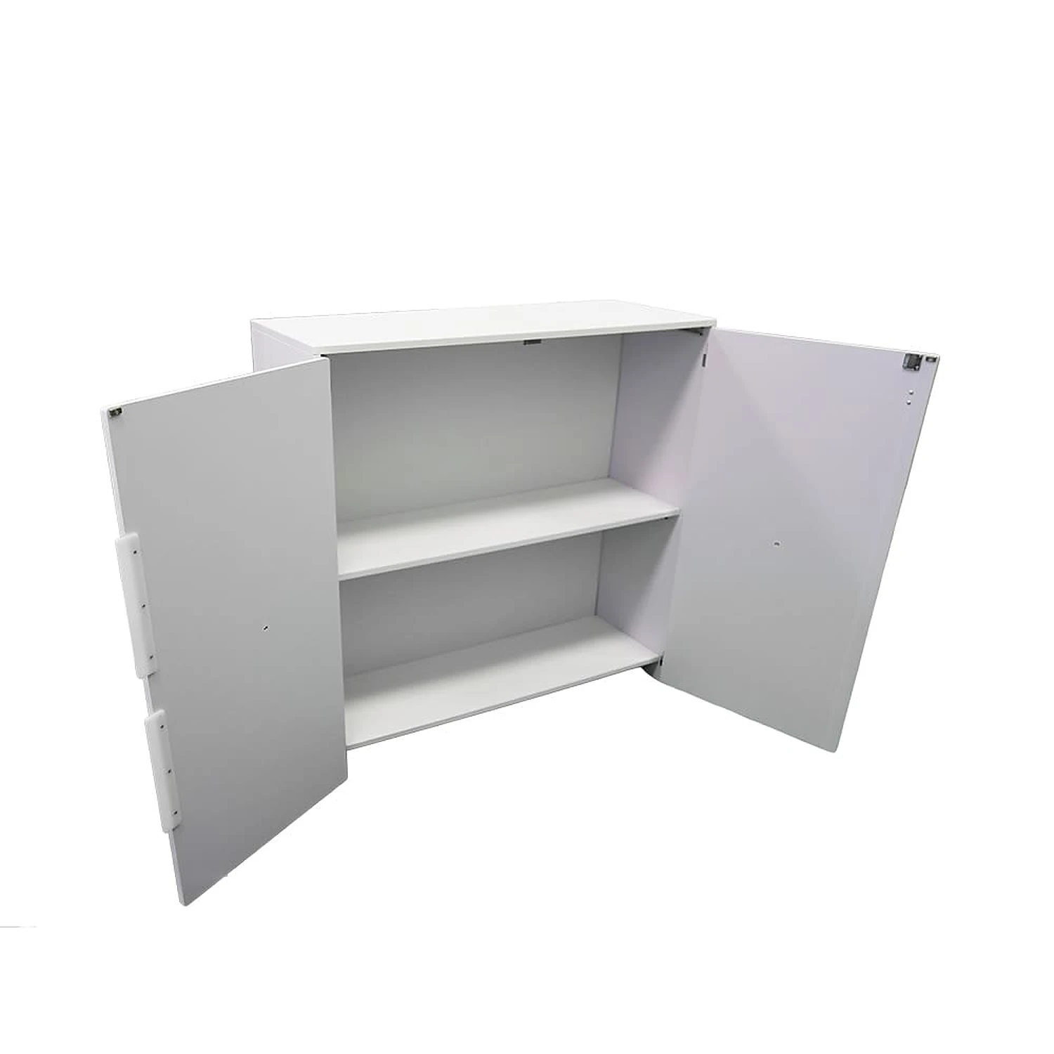 Lockable counter rear with cabinet doors open showing the shelf