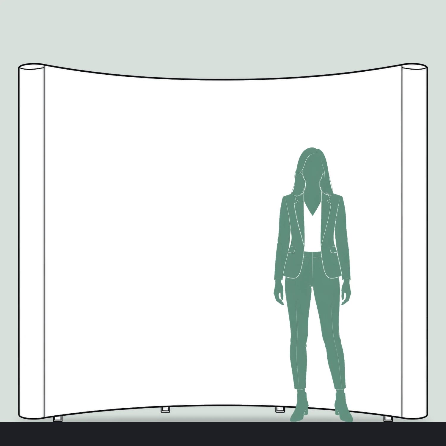 Impact Pop Up Stand 3x3 Curved, 2.54m Wide size compared with a person