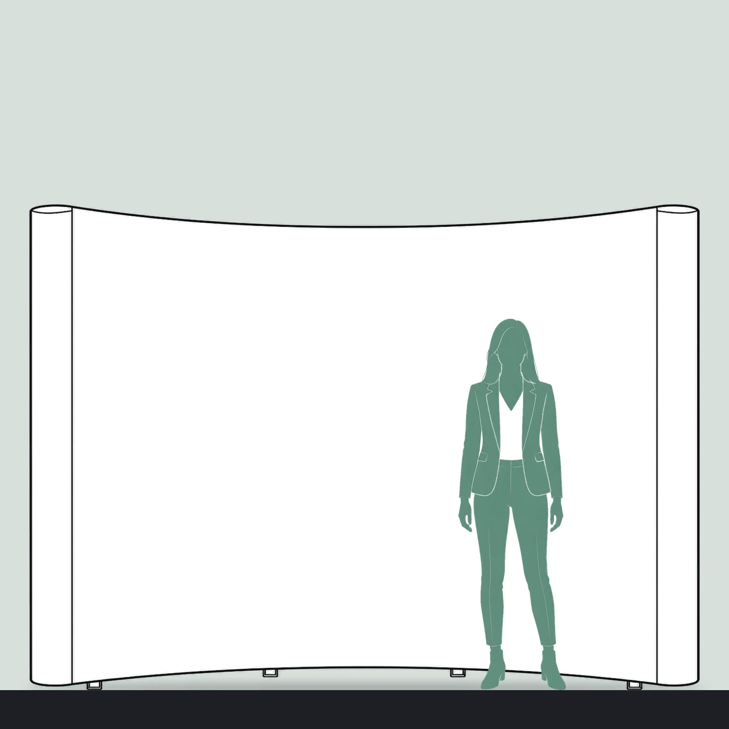 Impact Pop Up Stand 3x4 Curved, 3.07m Wide size compared with a person