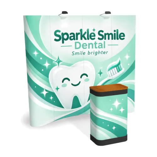 Impact Pop Up Stand Bundle 3x4 Curved with Counter and Lights, 3.07m Wide with example artwork