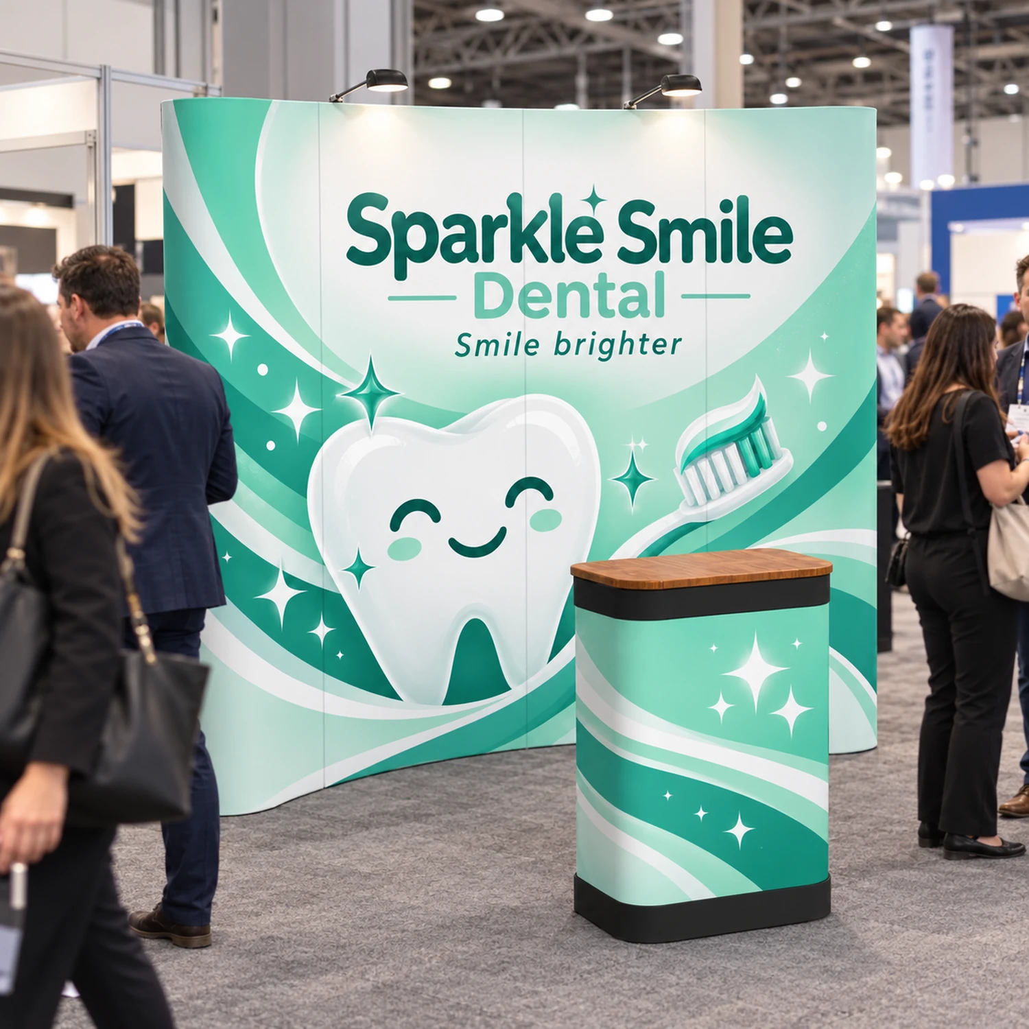 Impact Pop Up Stand Bundle 3x4 Curved with Counter and Lights, 3.07m Wide in use at an event