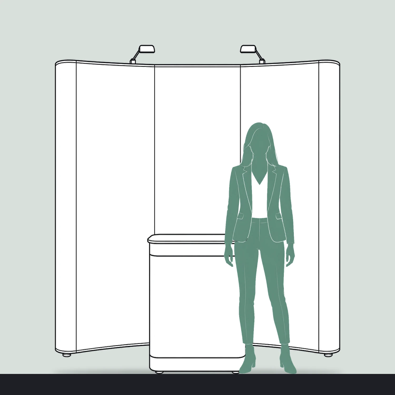 Impact Pop Up Stand Bundle 3x2 Curved with Counter and Lights, 1.93m Wide size compared with a person