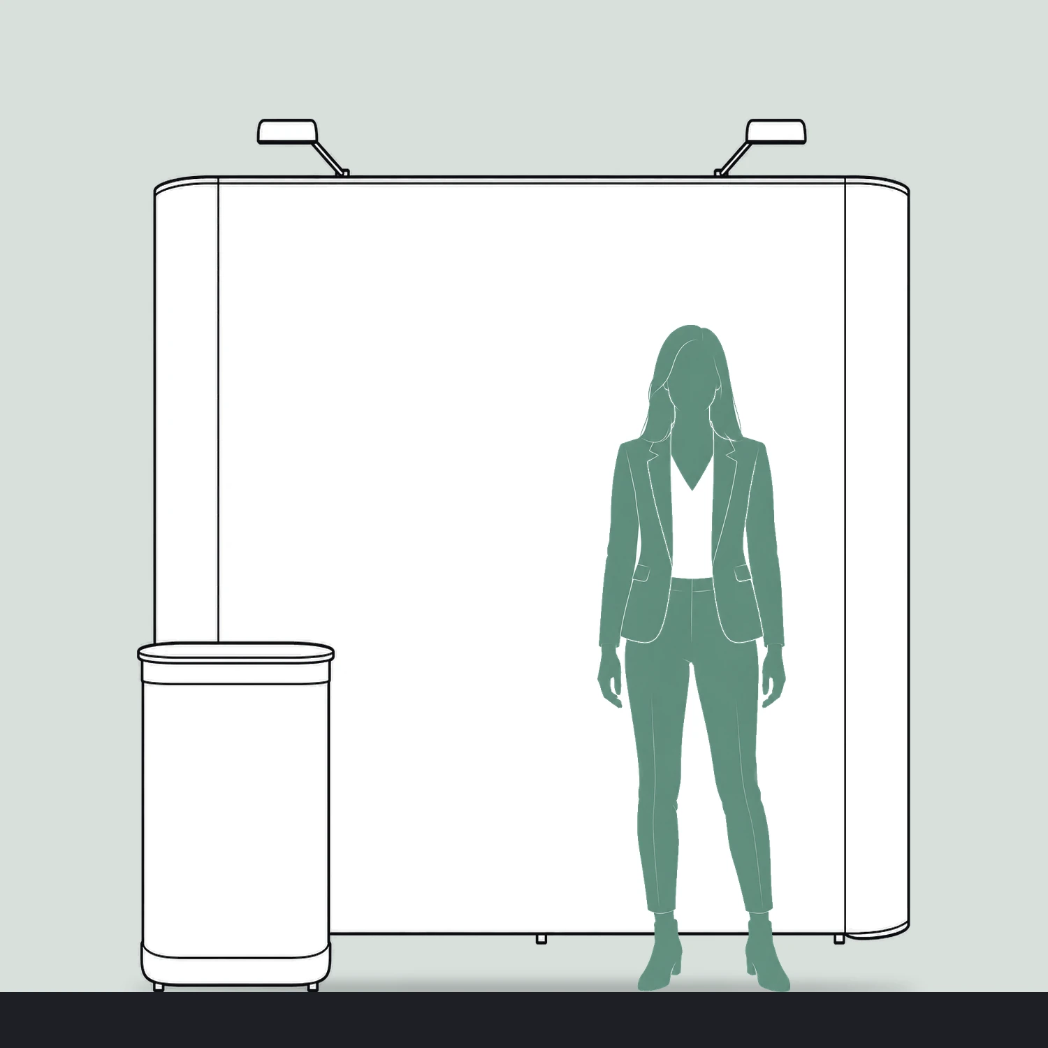 Impact Pop Up Stand Bundle 3x2 Straight with Counter and Lights, 1.97m Wide size compared with a person