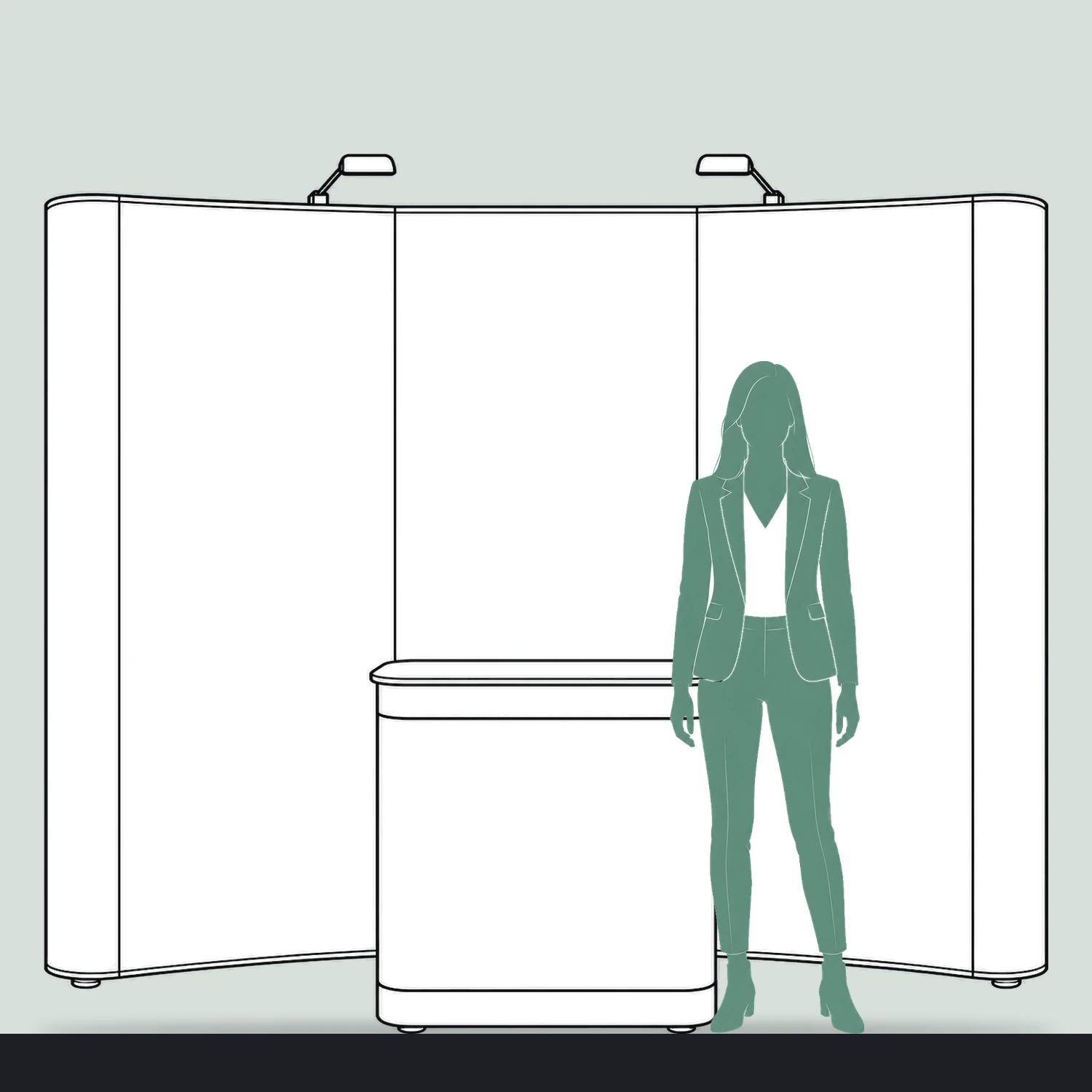 Impact Pop Up Stand Bundle 3x3 Curved with Counter and Lights, 2.54m Wide size compared with a person
