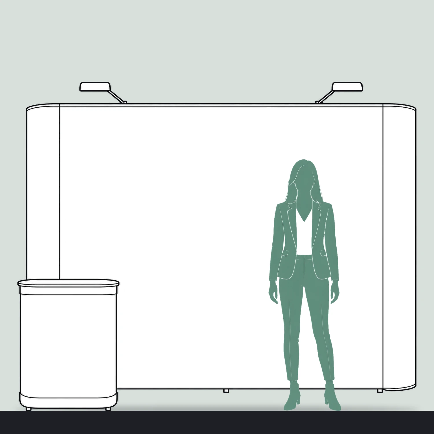 Impact Pop Up Stand Bundle 3x3 Straight with Counter and Lights, 2.7m Wide size compared with a person
