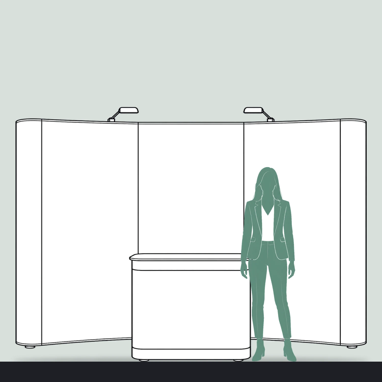 Impact Pop Up Stand Bundle 3x4 Curved with Counter and Lights, 3.07m Wide size compared with a person