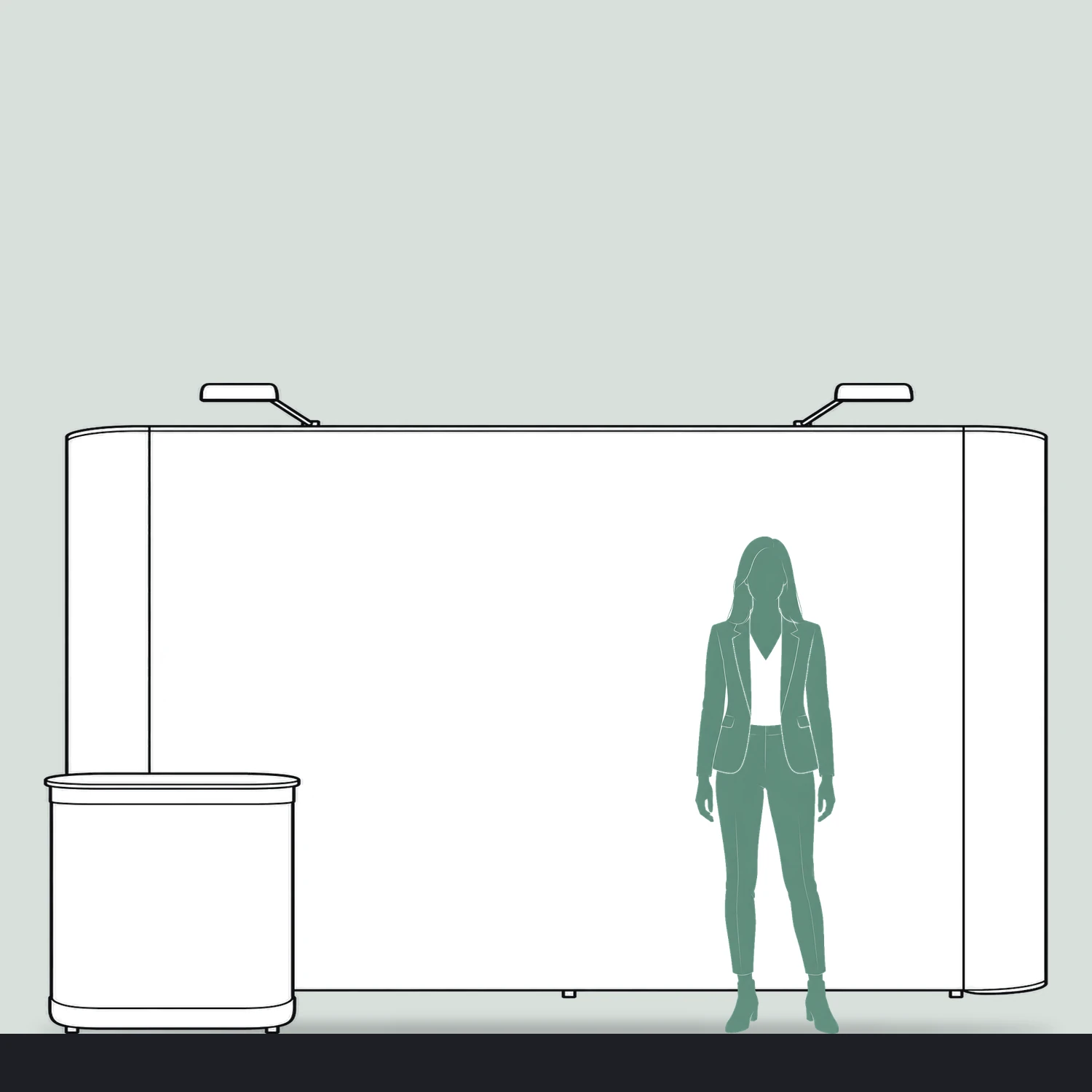 Impact Pop Up Stand Bundle 3x4 Straight with Counter and Lights, 3.44m Wide size compared with a person