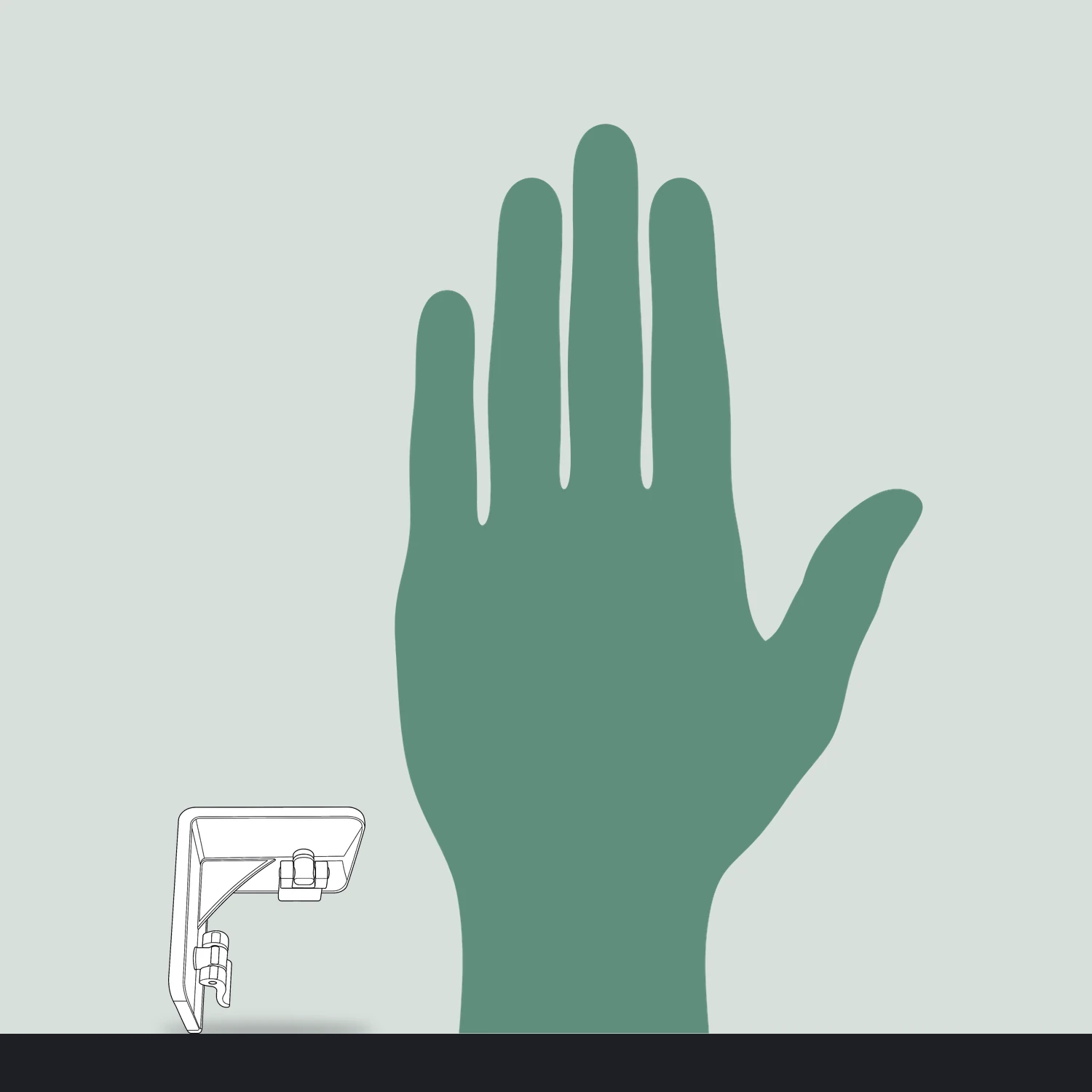 Clear inside corner connector size compared with a hand