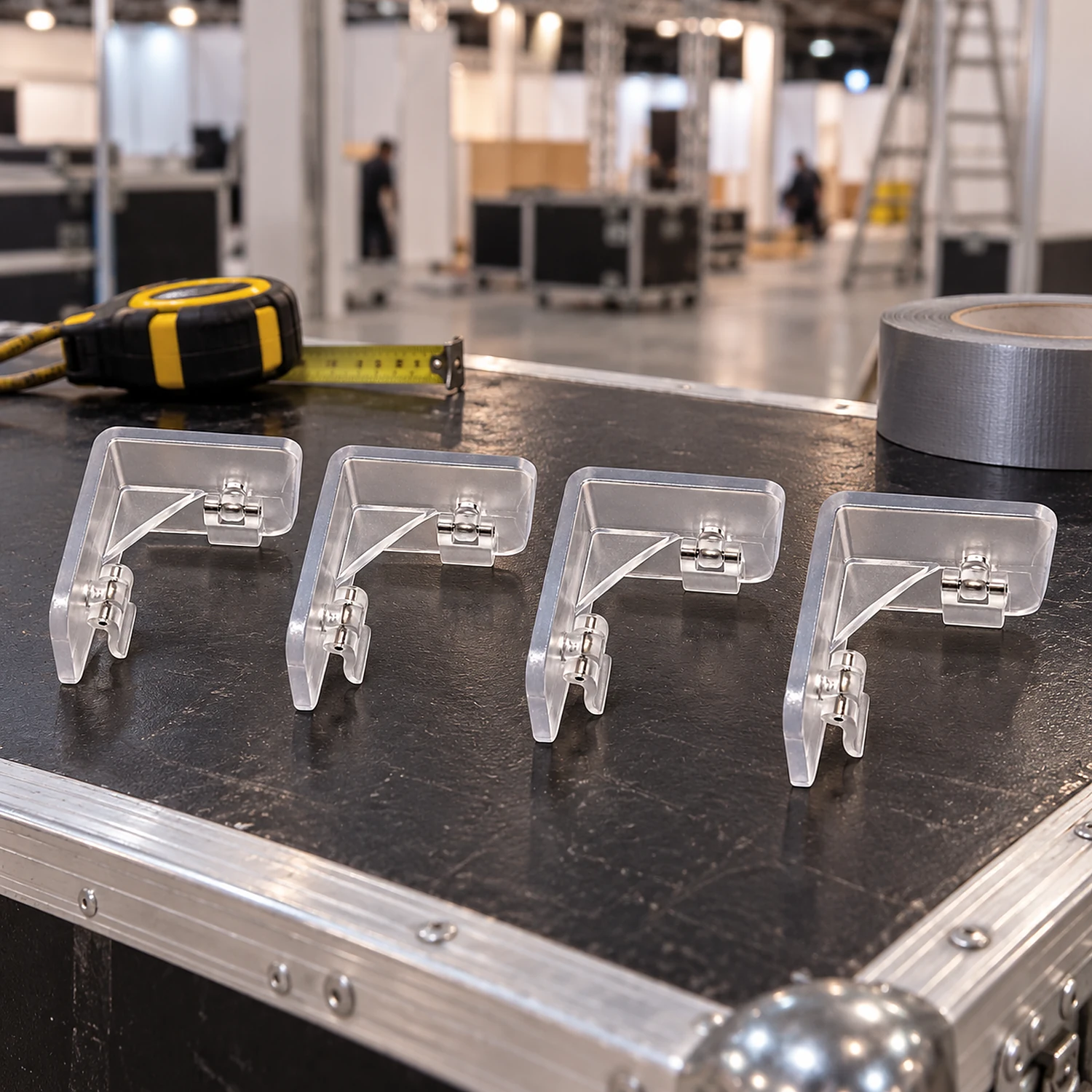Set of four clear inside corner connectors on a flight case