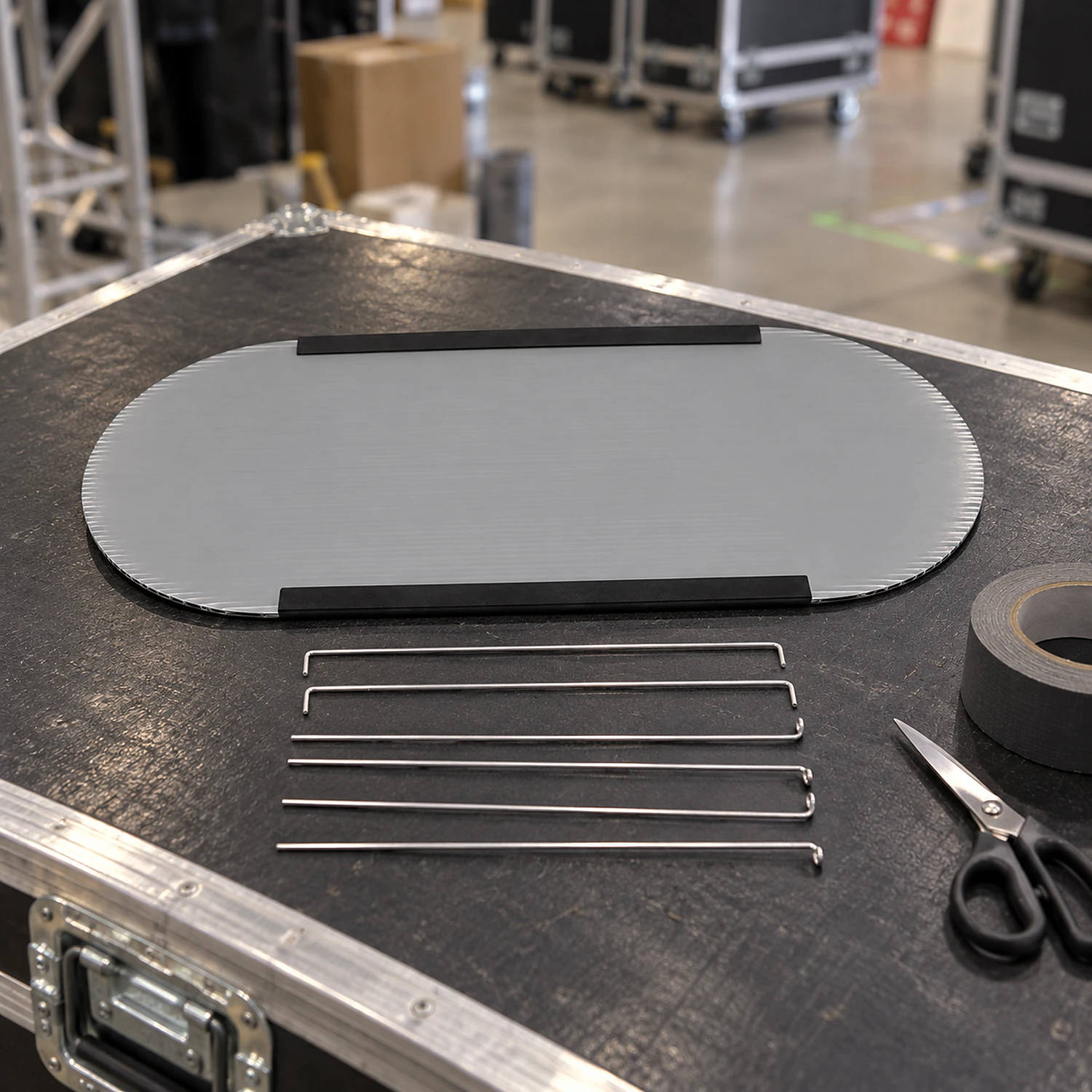Internal shelf and its six support rods on a flight case lid