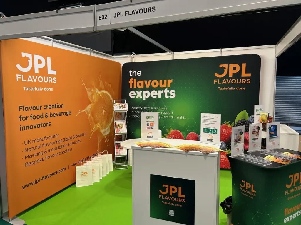 JPL Flavours exhibition stand at their event: Soft-touch fabric stand kit with counter