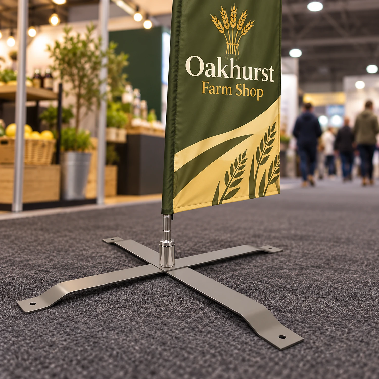 Large cross base holding a feather flag in an exhibition hall