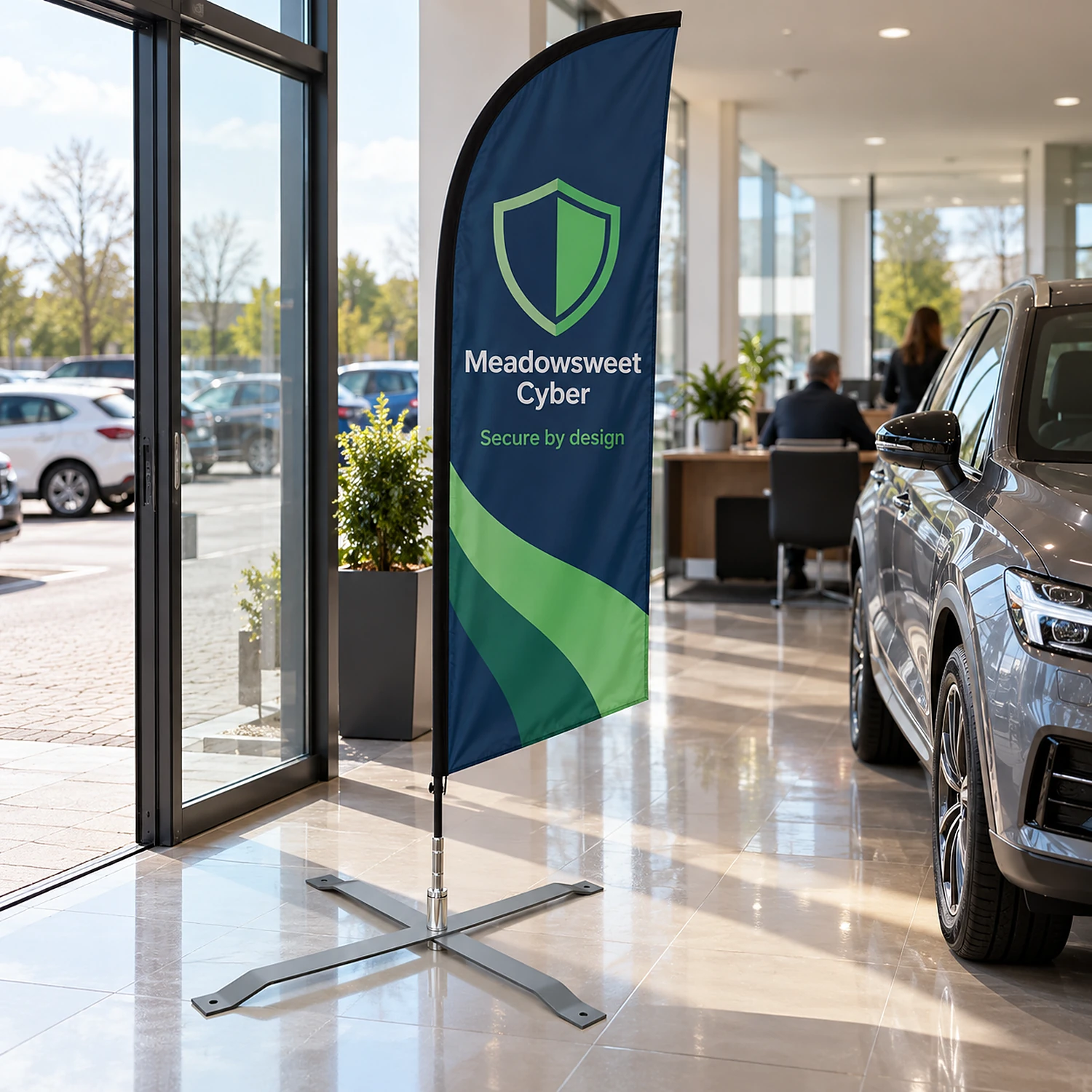 Large cross flag base holding a feather flag in a showroom