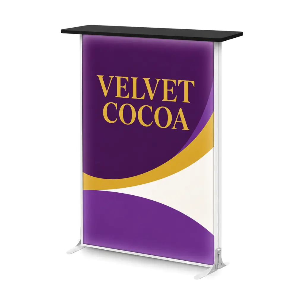 Backlit lightbox counter with a black top and printed fabric front