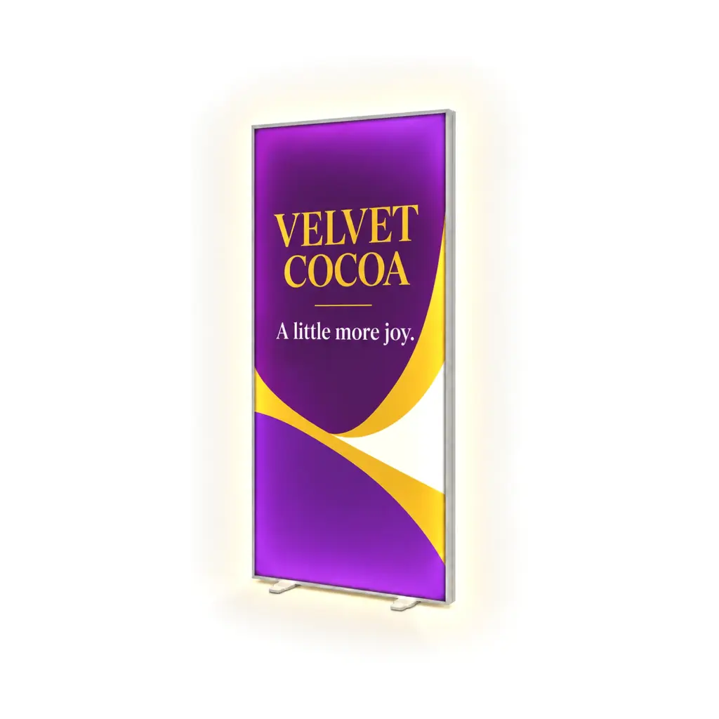 Glopix freestanding lightbox banner with a purple backlit fabric graphic