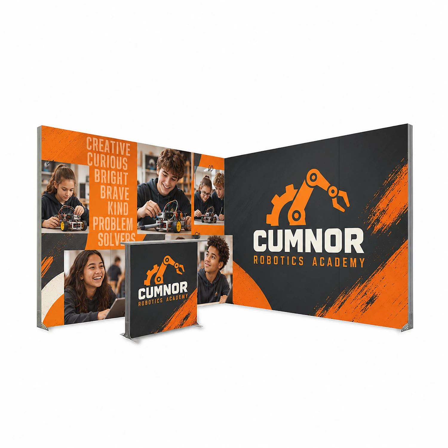 LED Lightbox Exhibition Stand 3m x 3m with Counter, Open 2 Sides, shown with example artwork