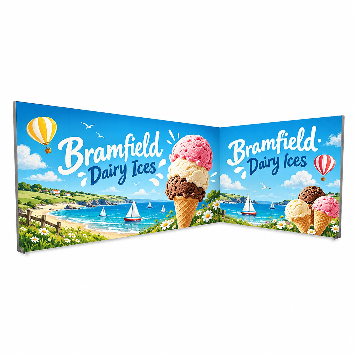 LED Lightbox Exhibition Stand 5m x 3m, Open 2 Sides, shown with example artwork