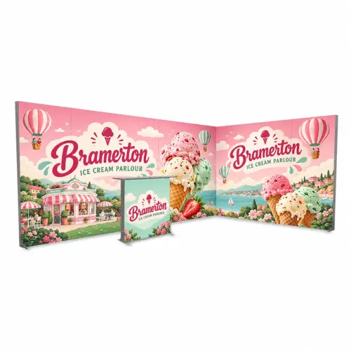 LED Lightbox Exhibition Stand 5m x 3m with Counter, Open 2 Sides, shown with example artwork