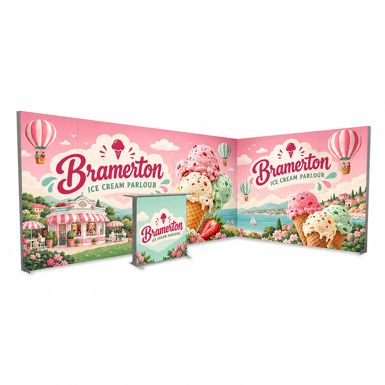LED Lightbox Exhibition Stand 5m x 3m with Counter, Open 2 Sides, shown with example artwork
