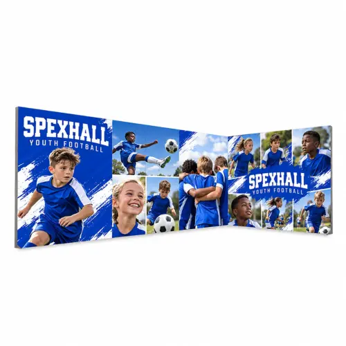 LED Lightbox Exhibition Stand 6m x 3m, Open 2 Sides, shown with example artwork