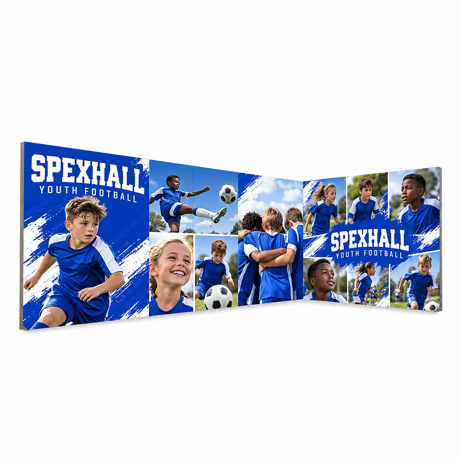 LED Lightbox Exhibition Stand 6m x 3m, Open 2 Sides, shown with example artwork