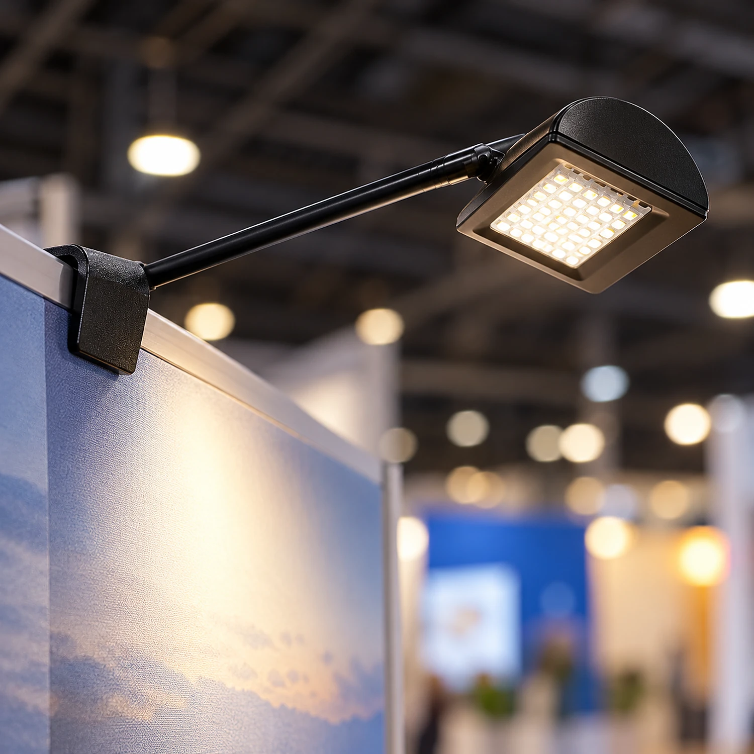 LED spotlight hooked over the top of a pop up stand, close-up