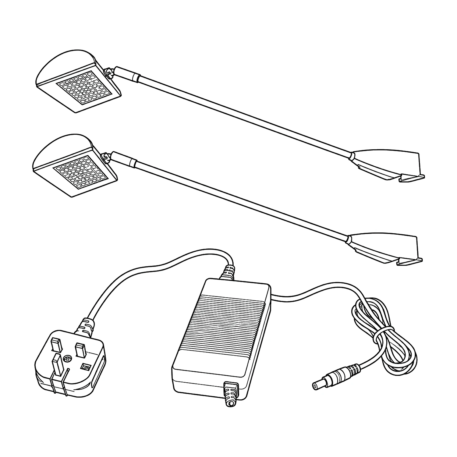 Pair of LED spotlights and power supply line drawing