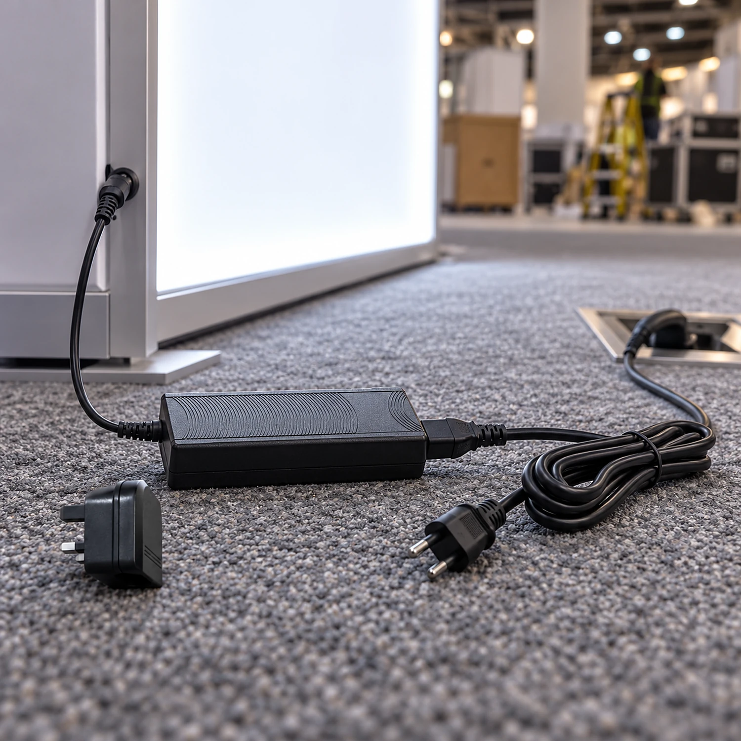 LED power supply behind a lit lightbox at an exhibition