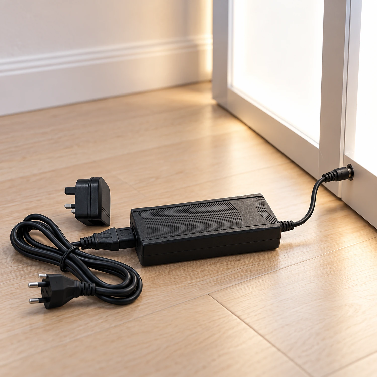 LED power supply connected to a lit lightbox on a wooden floor