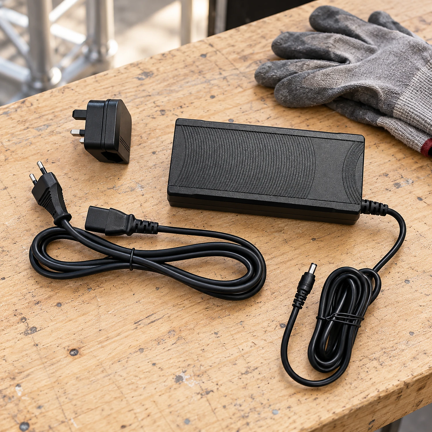 LED power supply, mains lead and plug adaptor on a workbench