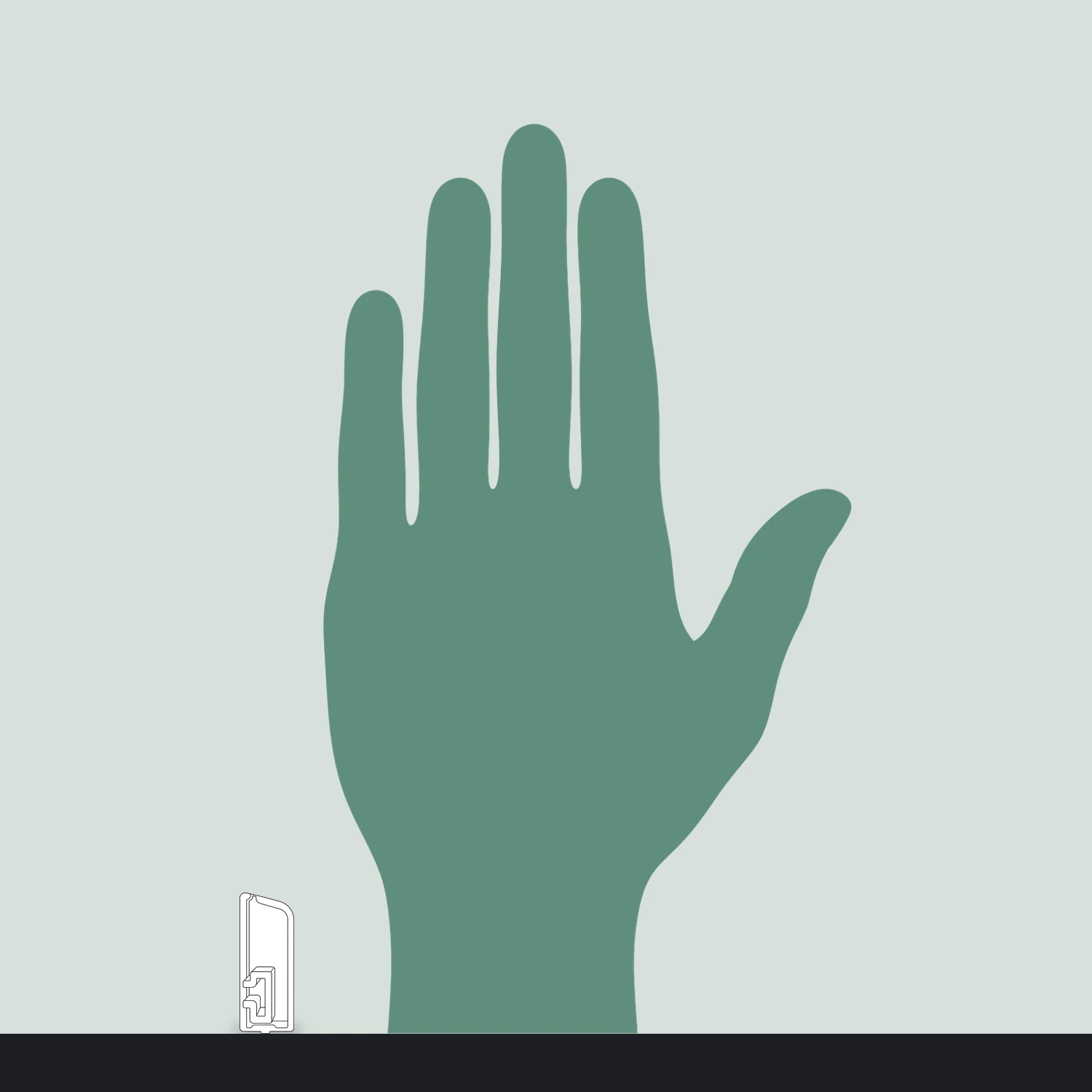 Left end moulding size compared with a hand