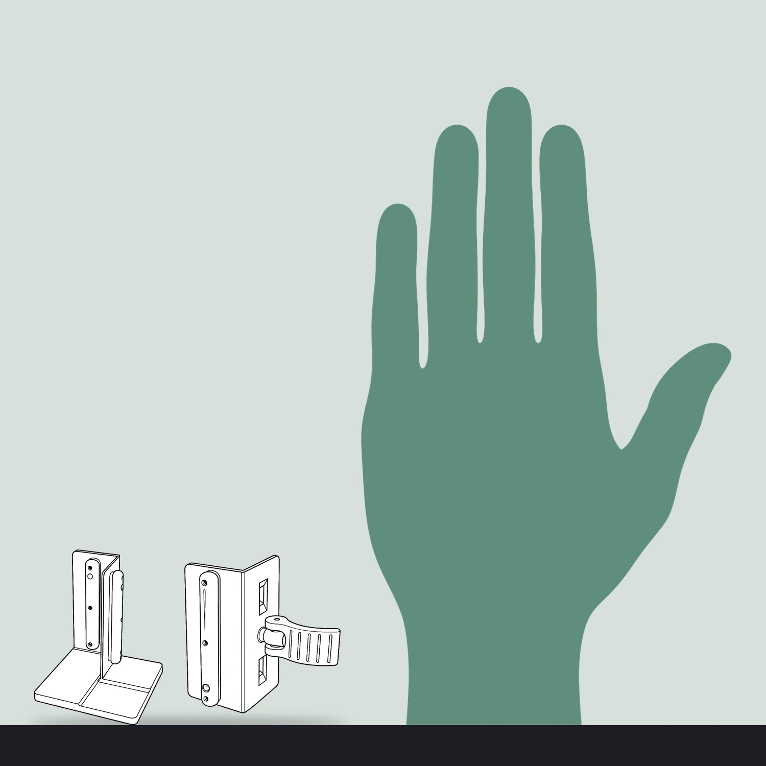 Left inside corner connector parts size compared with a hand