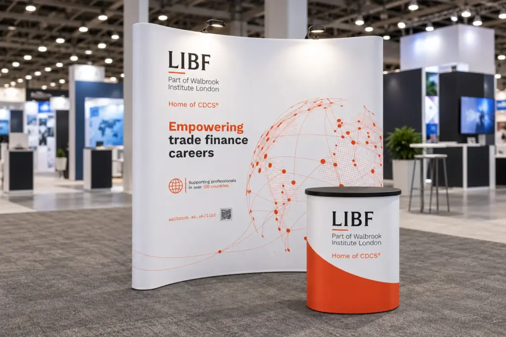 Visualisation of LIBF's 3x2 curved pop-up stand with case counter with the artwork that was printed