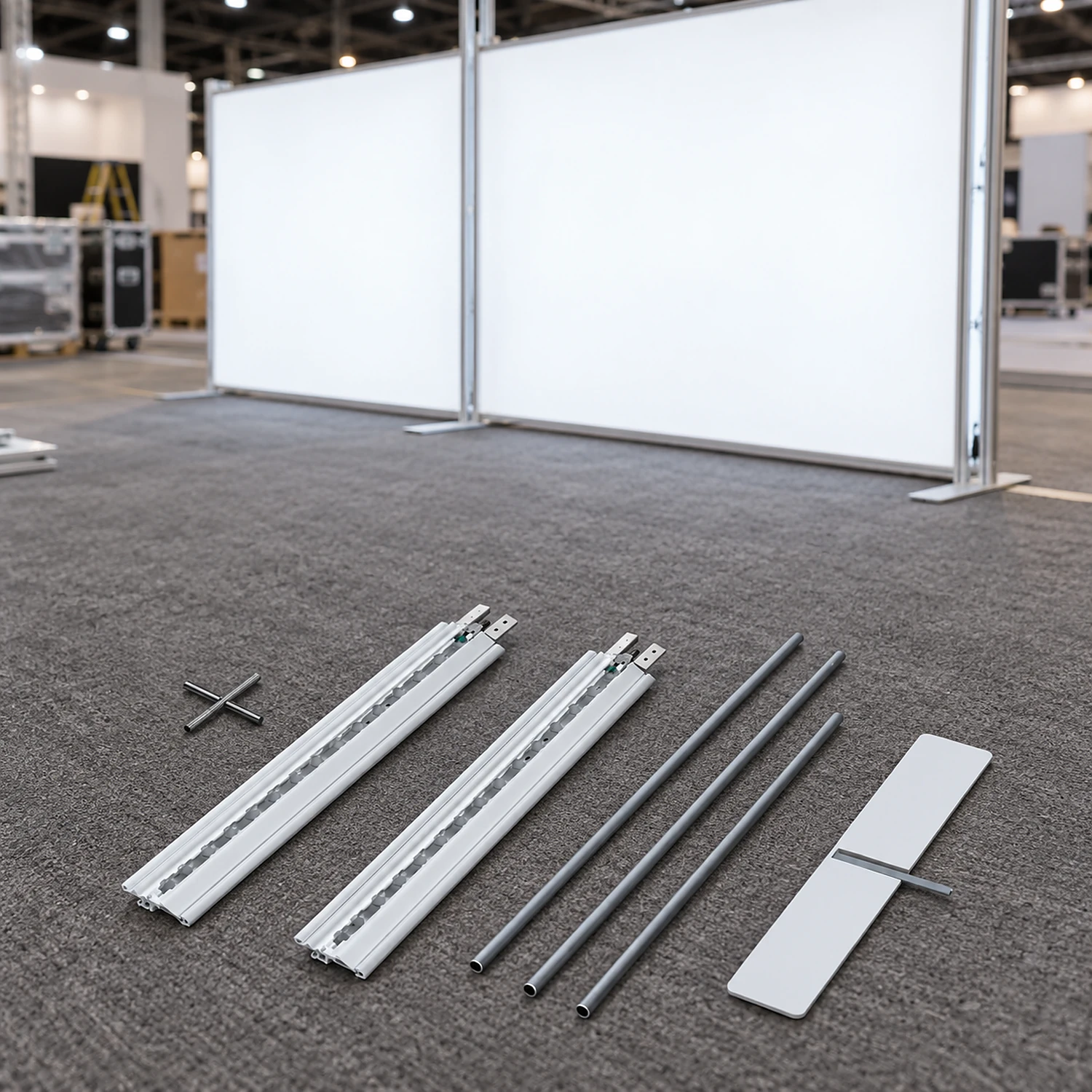 Lightbox extension parts laid out in front of a lightbox wall during build-up