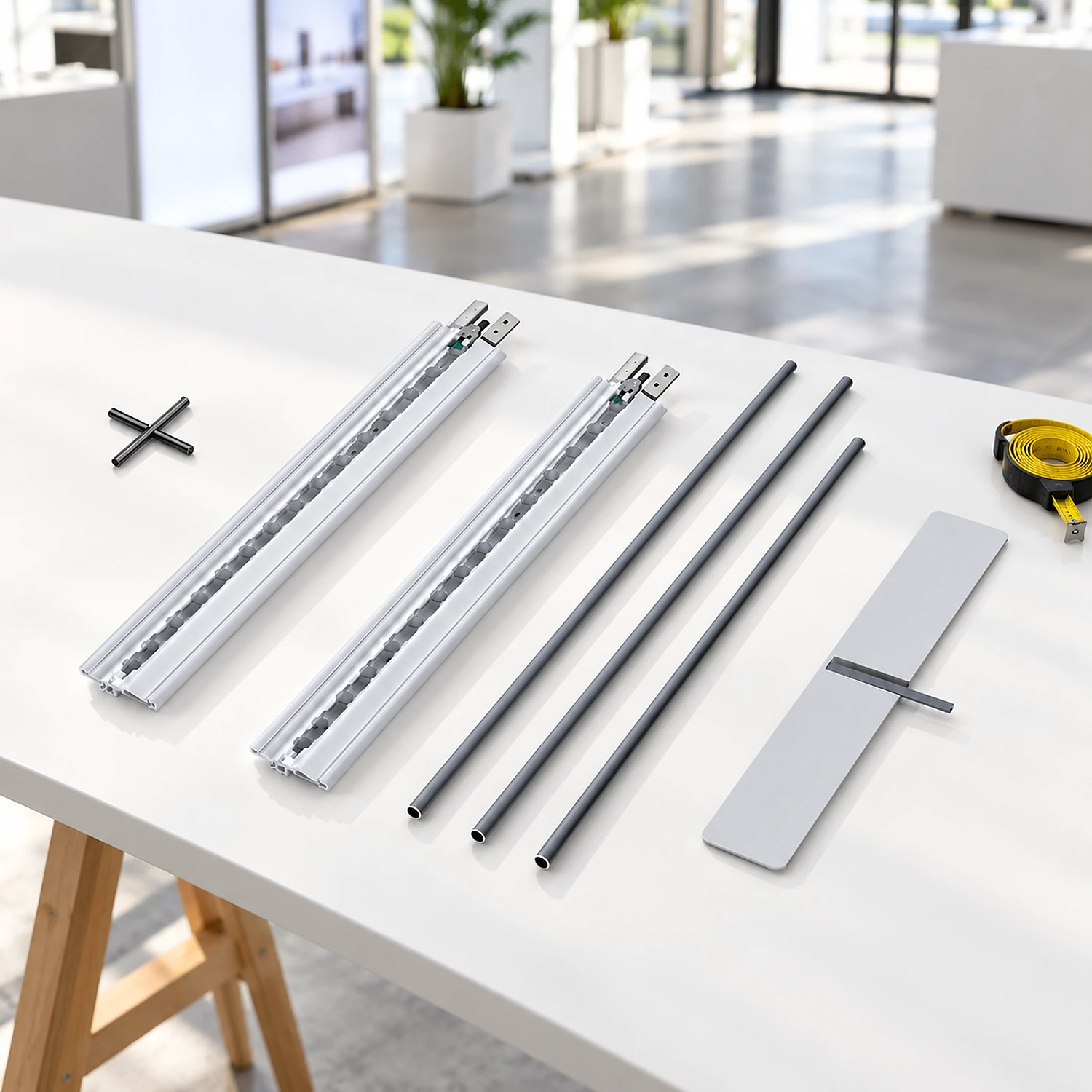 Lightbox extension parts laid out on a trestle table
