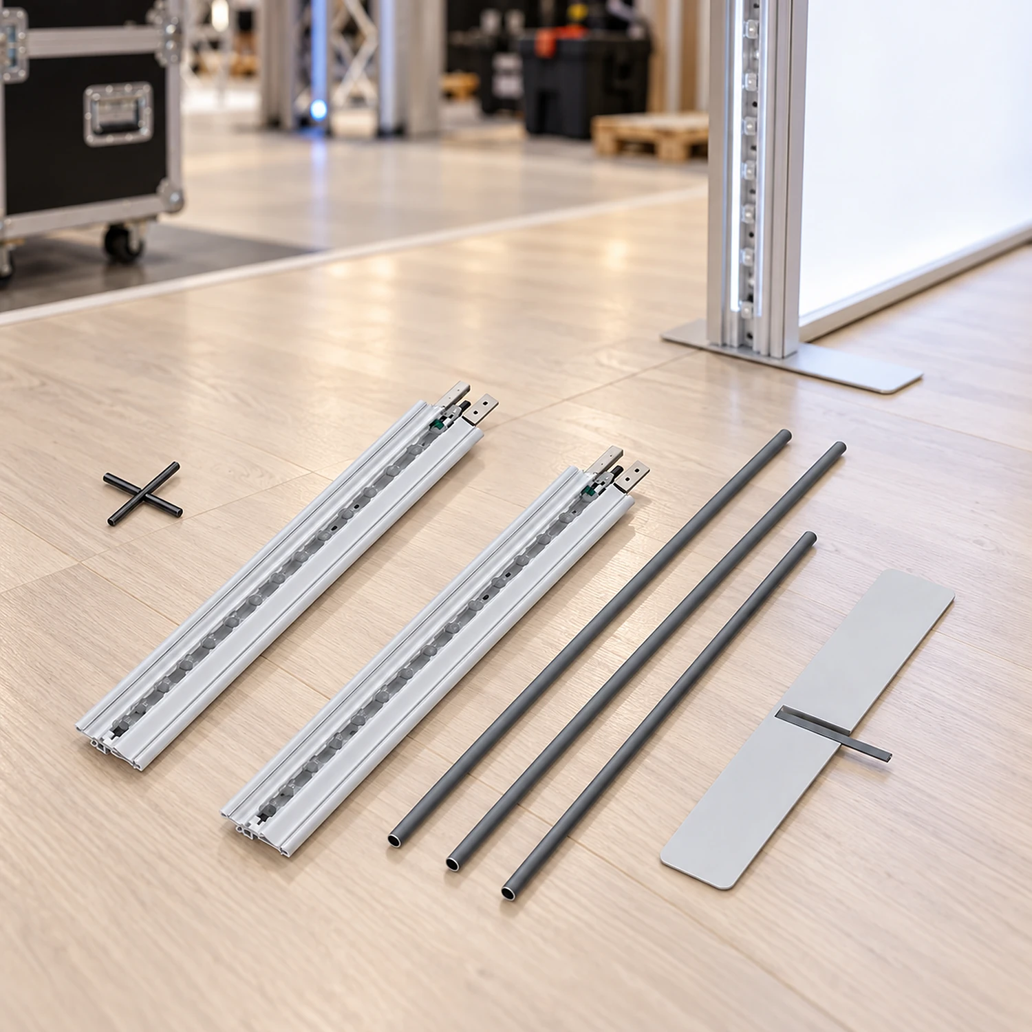 Lightbox extension parts laid out on a stand floor during build-up