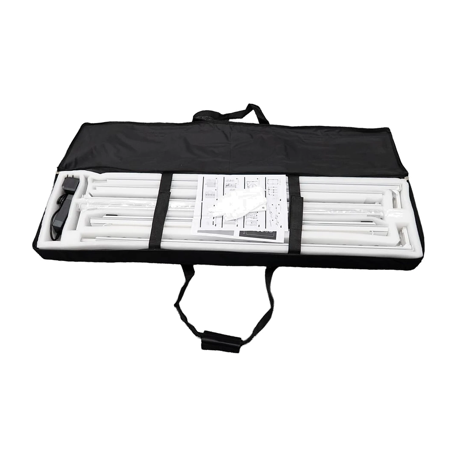 Wheeled carry bag opened with lightbox frame parts and power supply