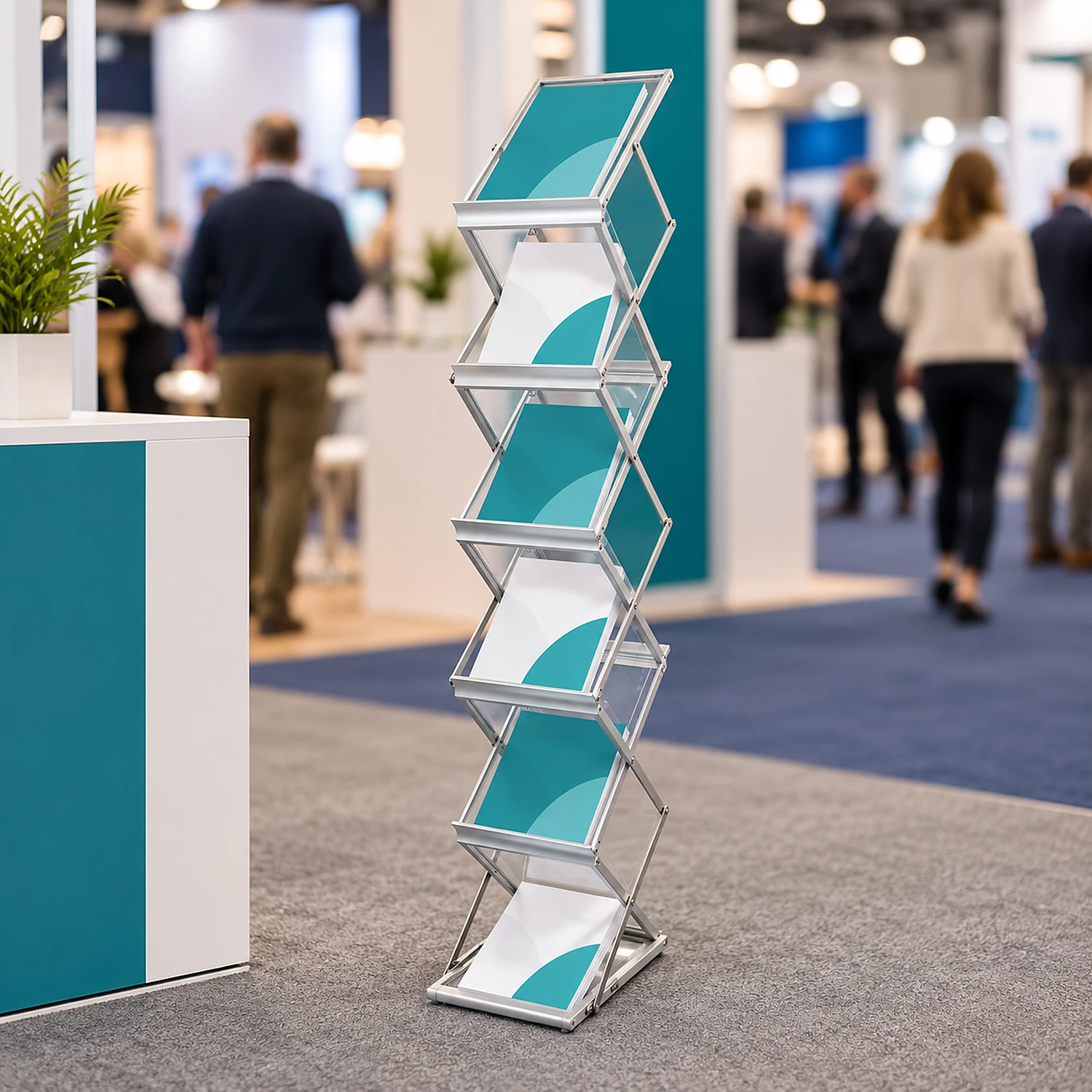Folding literature stand filled with brochures at a trade show