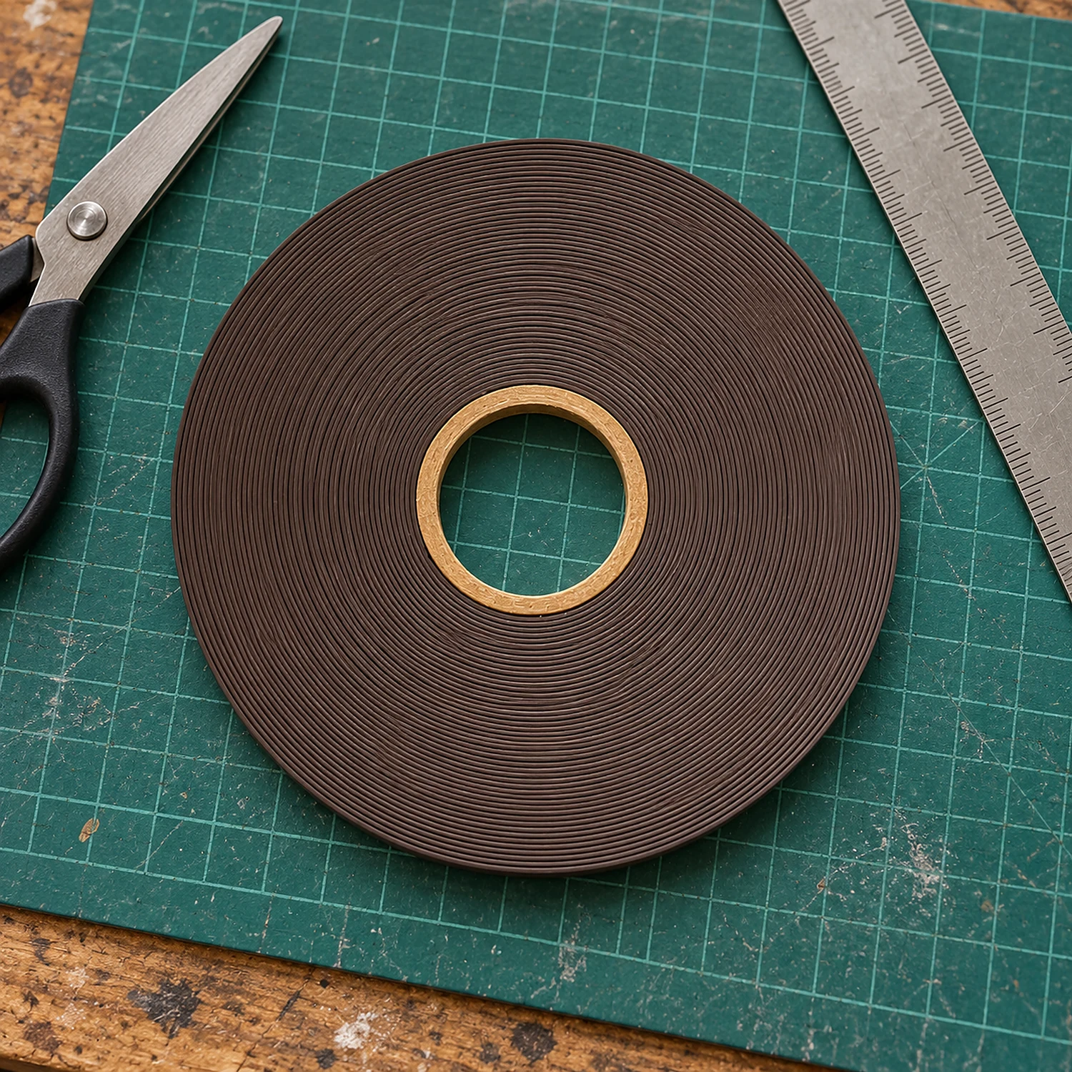 Roll of magnetic tape on a cutting mat with scissors and a ruler