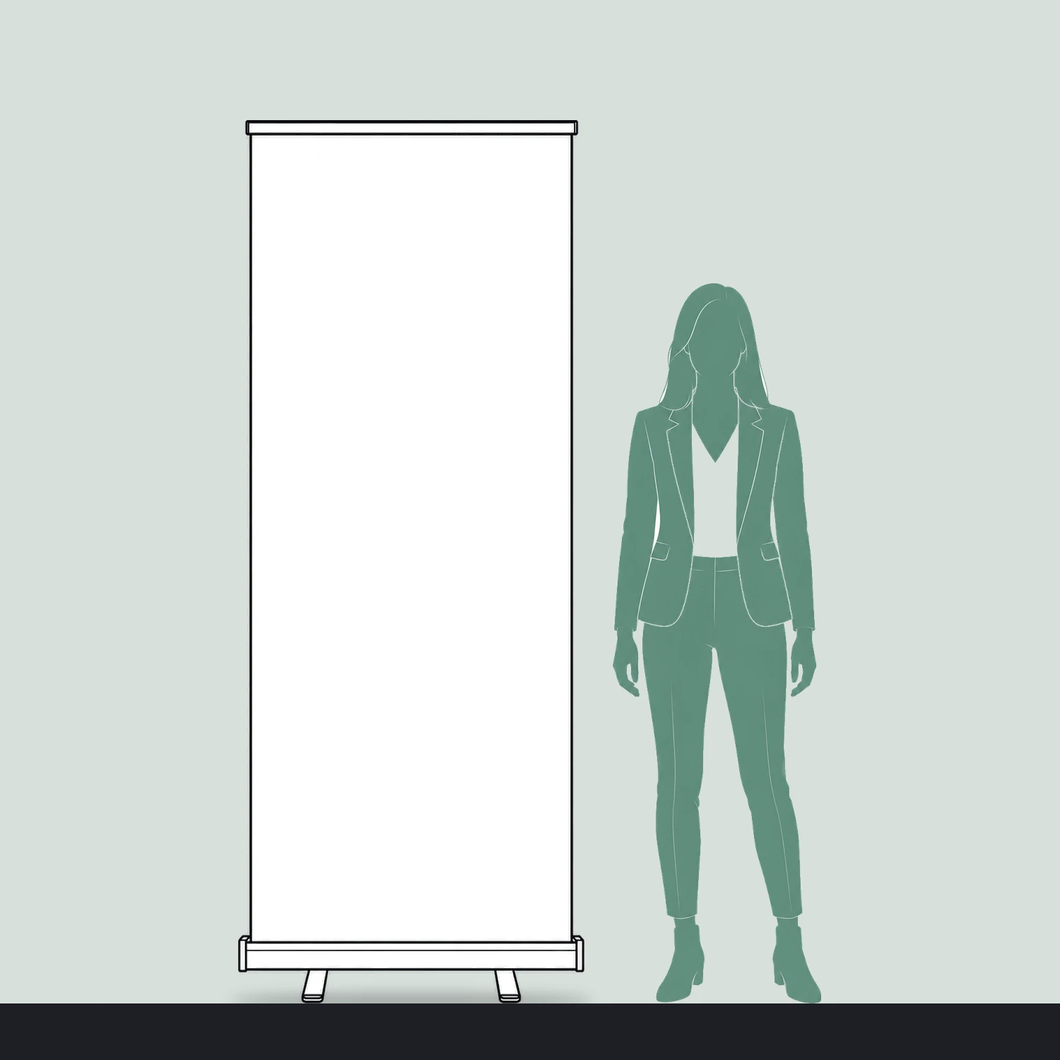 Mantis Roller Banner 800mm Wide size compared with a person